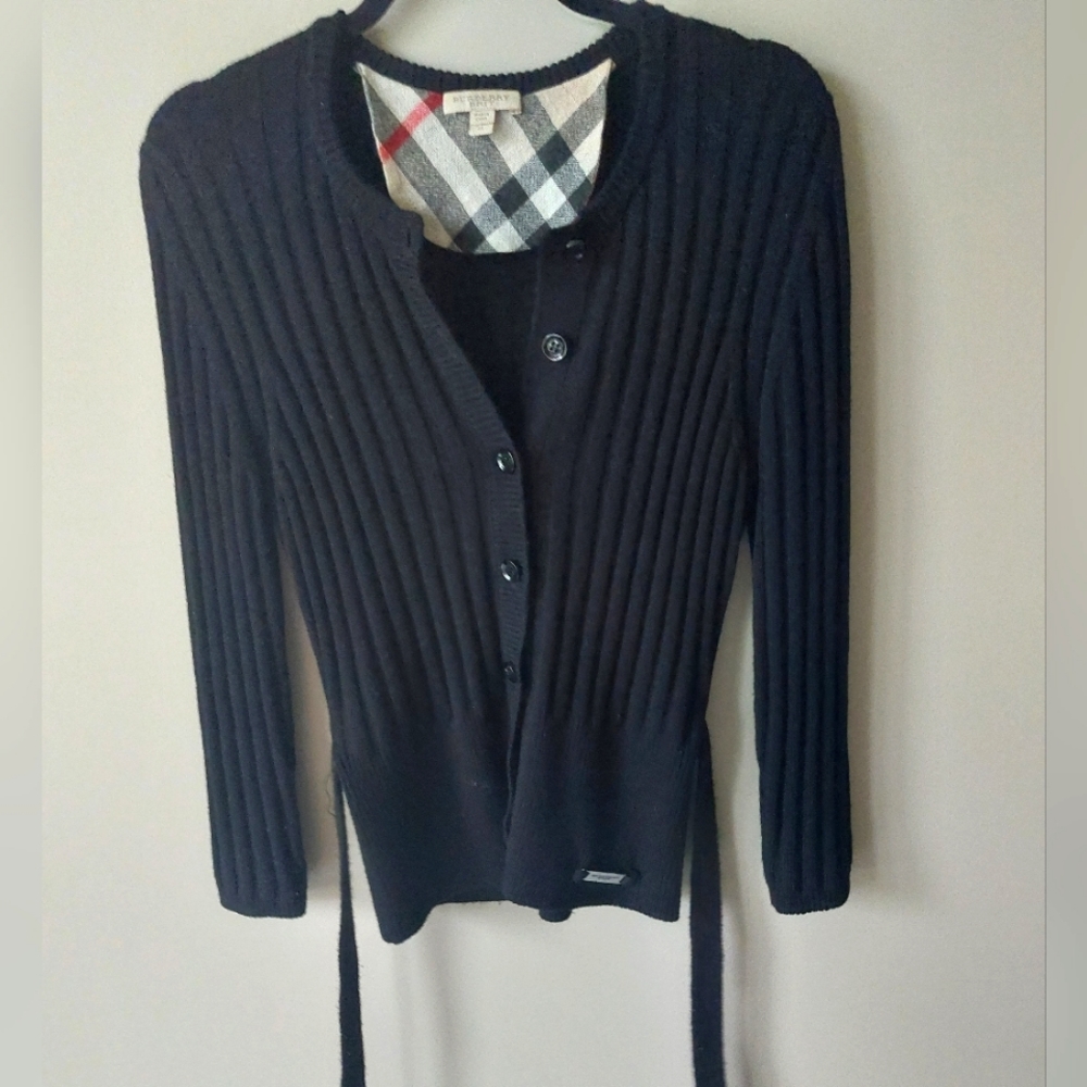 Burberry black ribbed merino wool knit belted cardigan sweater. Medium M